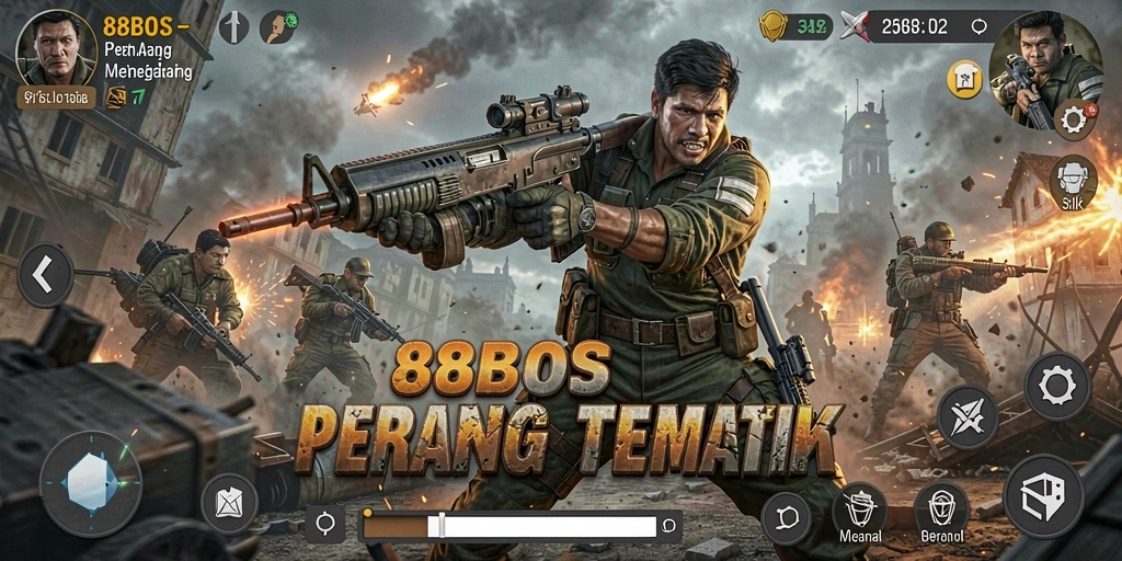 Tampilan gameplay dinamis dalam game FPS 88BOS dengan aksi menegangkan.