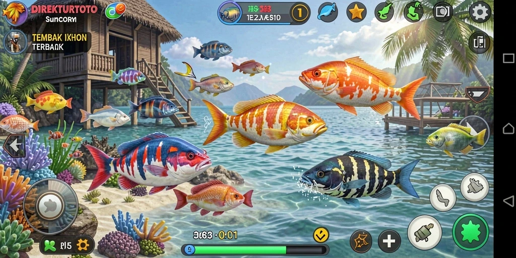 Tampilan gameplay seru dalam DIREKTURTOTO saat menembak ikan.