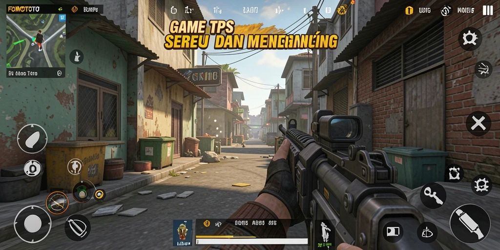 Tangkapan layar utama FOMOTOTO menampilkan aksi gameplay TPS yang mendebarkan.