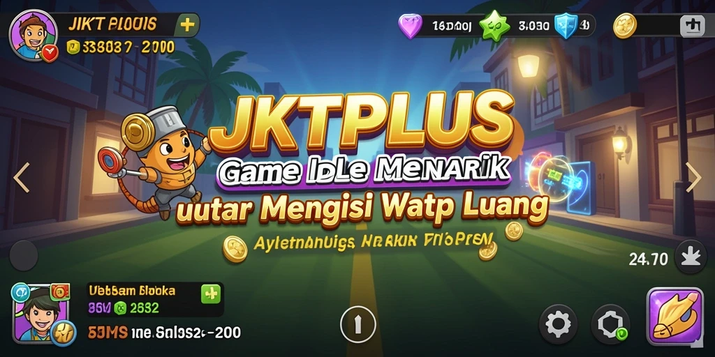Screenshot utama JKTPLUS menampilkan karakter sedang mengumpulkan sumber daya dalam permainan Idle.