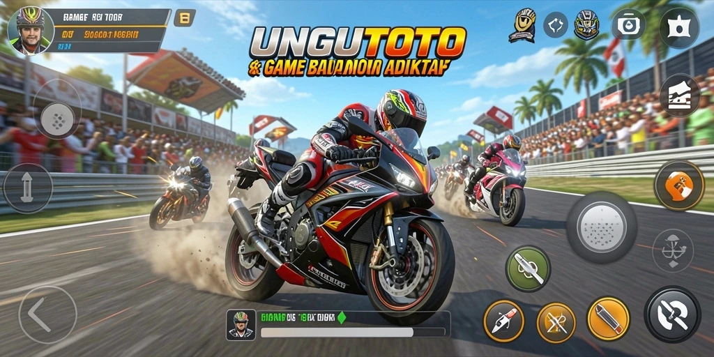 Screenshot gameplay UNGUTOTO menunjukkan aksi balap motor yang mendebarkan.